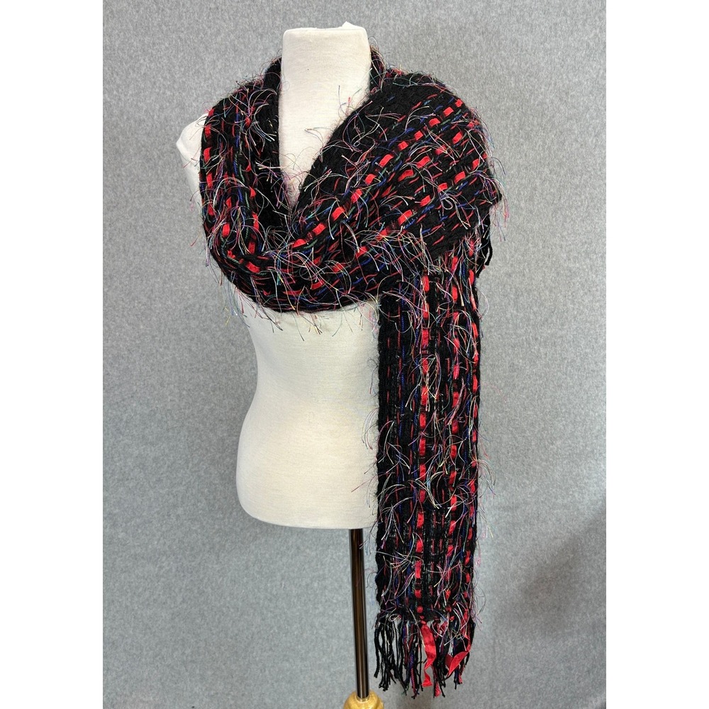 Black and Red Multicolor 72" Long Scarf Eyelash‎ Ribbon Fringe Artsy Woven Fall